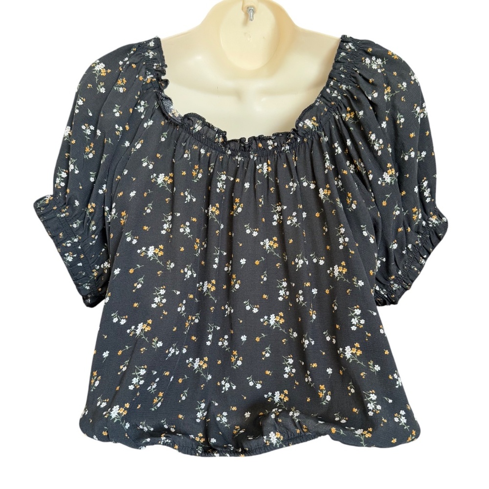 American Eagle Floral Puff Sleeve Tie Front Crop Top Black XL NWT - Picture 6 of 13